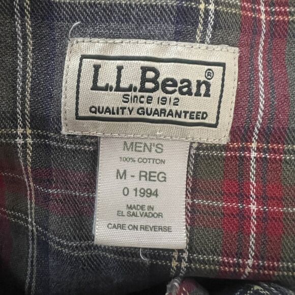 LL Bean Sleep Shirt Mens Medium Gray Red Scotch Plaid Flannel Campcore Vintage - Picture 5 of 7